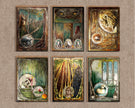 Set of six stylized artwork pieces on a textured wall.