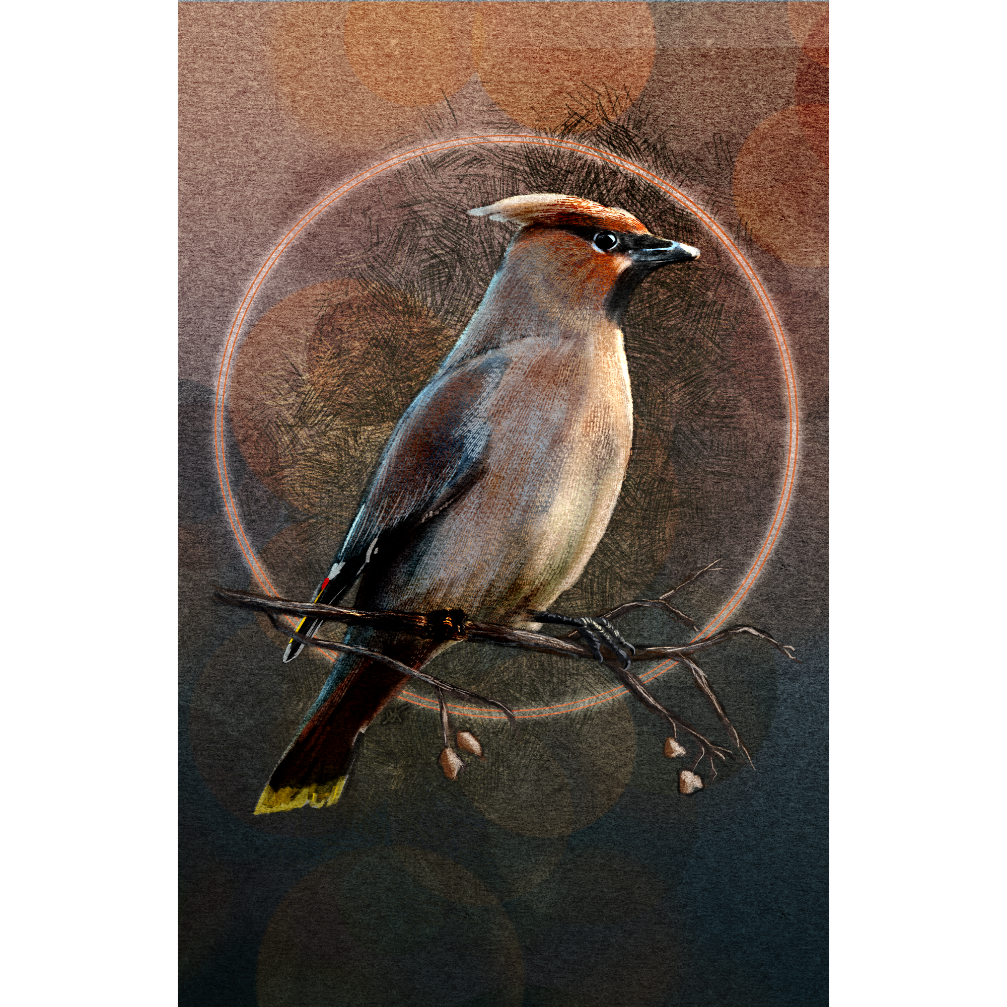 Artistic depiction of a bird perched on a branch with a circular design in the background