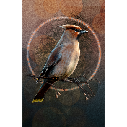 Artistic depiction of a bird perched on a branch with a circular design in the background