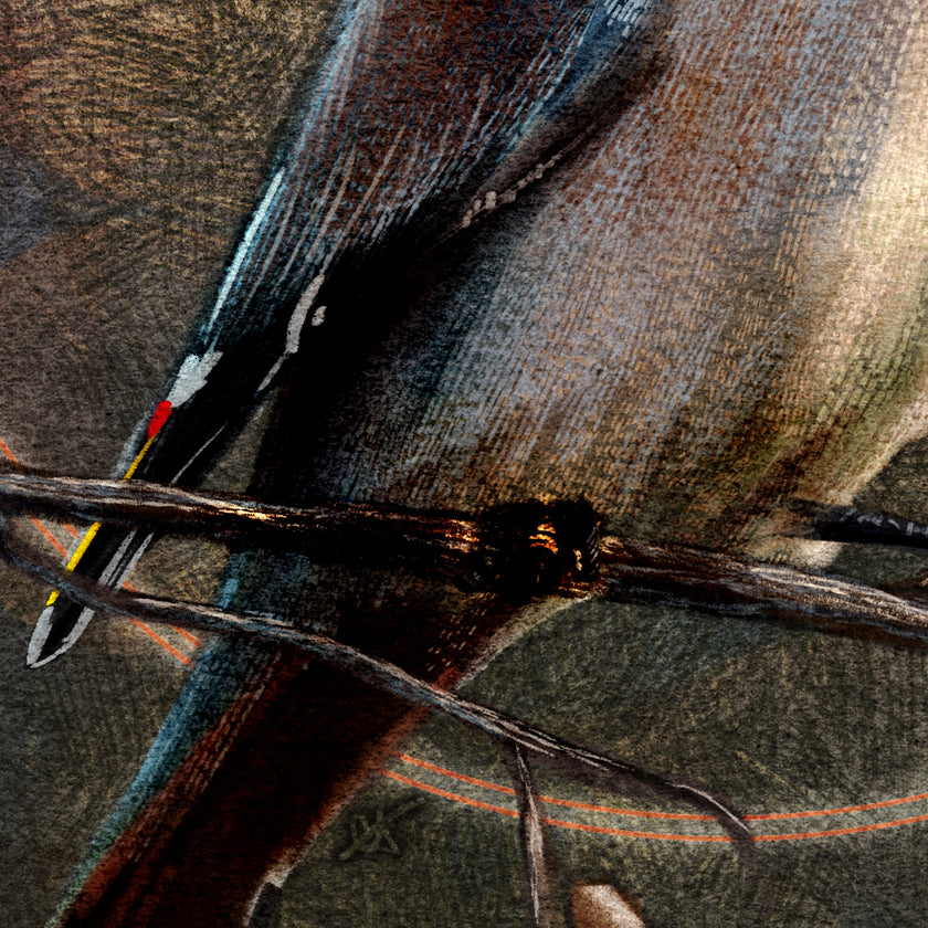 Close-up of a bird perched on a branch with a textured background