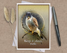 An art print greeting card featuring a detailed illustration of a bird of prey wearing a small black hat, with the text 'Keep it classy, mofo.' at the bottom.
