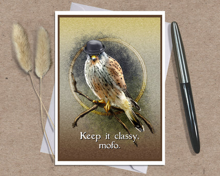 An art print greeting card featuring a detailed illustration of a bird of prey wearing a small black hat, with the text 'Keep it classy, mofo.' at the bottom.