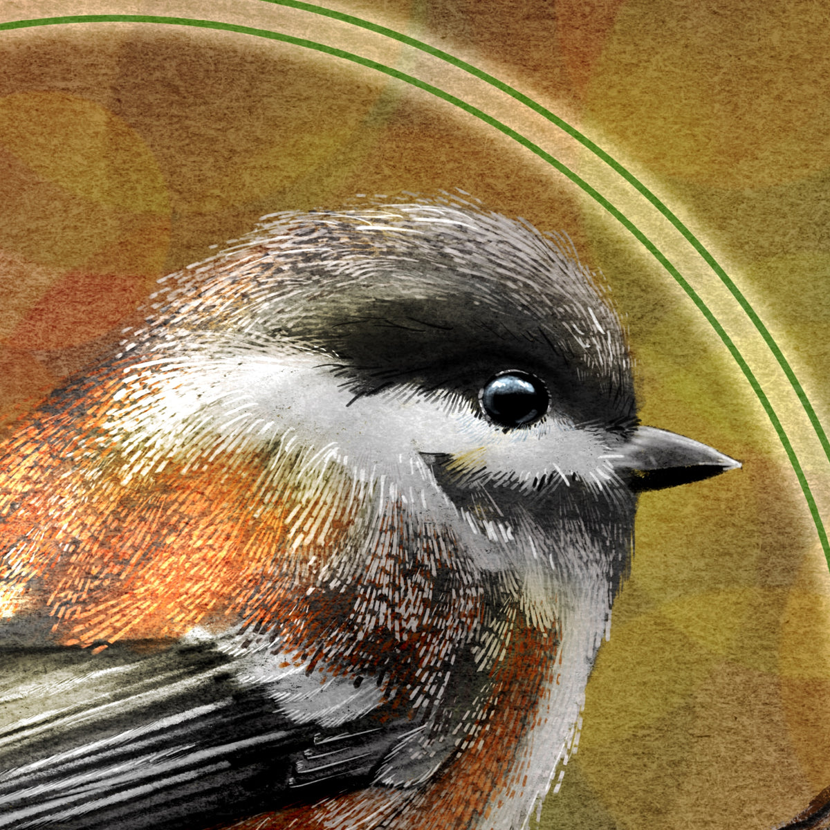 A closeup of textured stylized print of a bird's head.