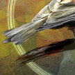 A closeup of textured stylized print of a bird's tail.