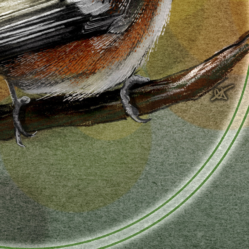 A closeup of textured stylized print of a bird's talons on a branch.