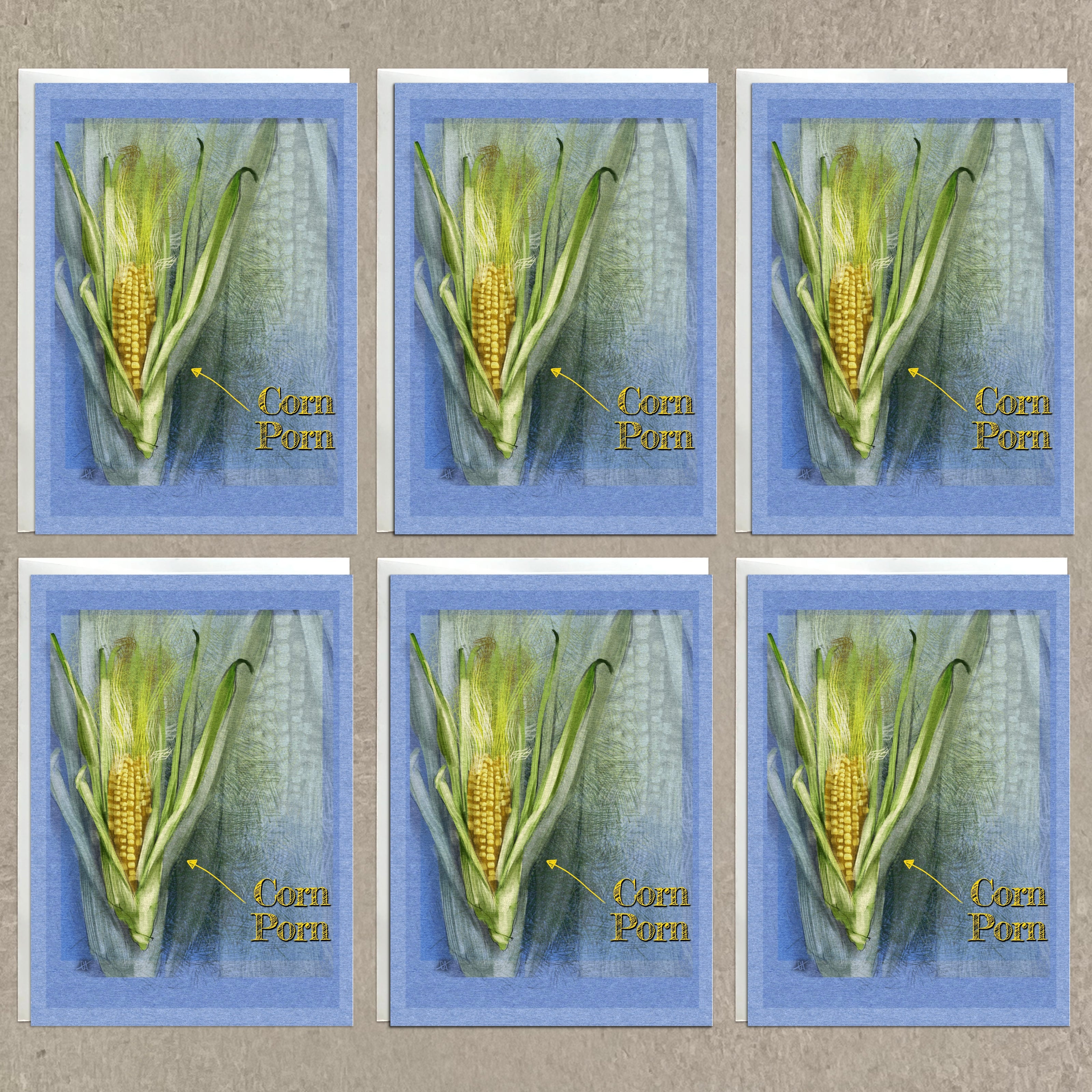 Six panels showing cross-sections of corn cobs with labels on a textured beige background.