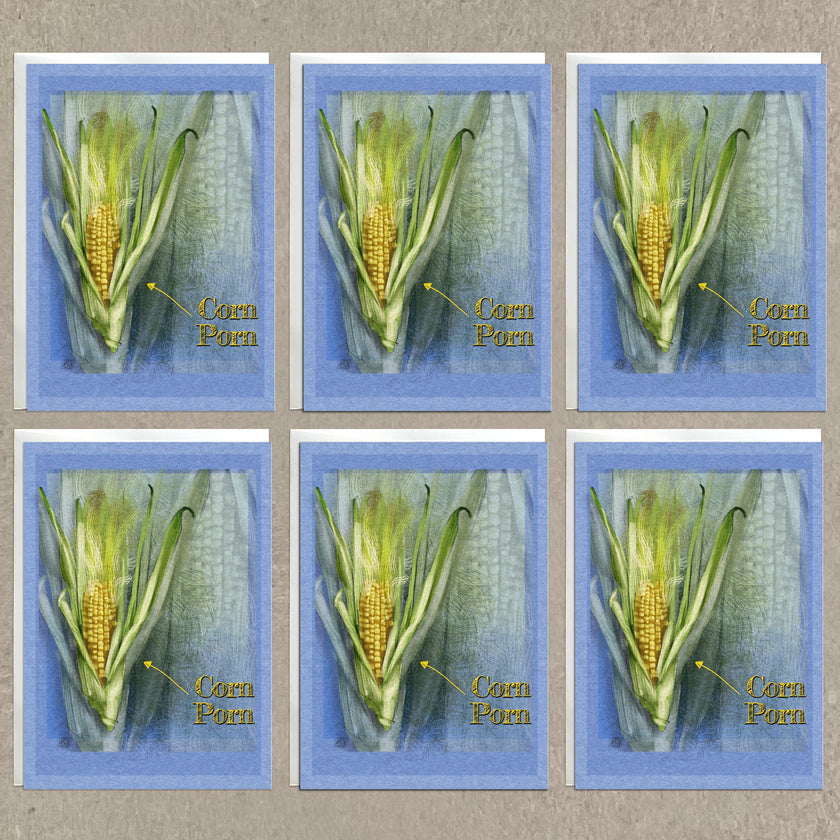 Six panels showing cross-sections of corn cobs with labels on a textured beige background.
