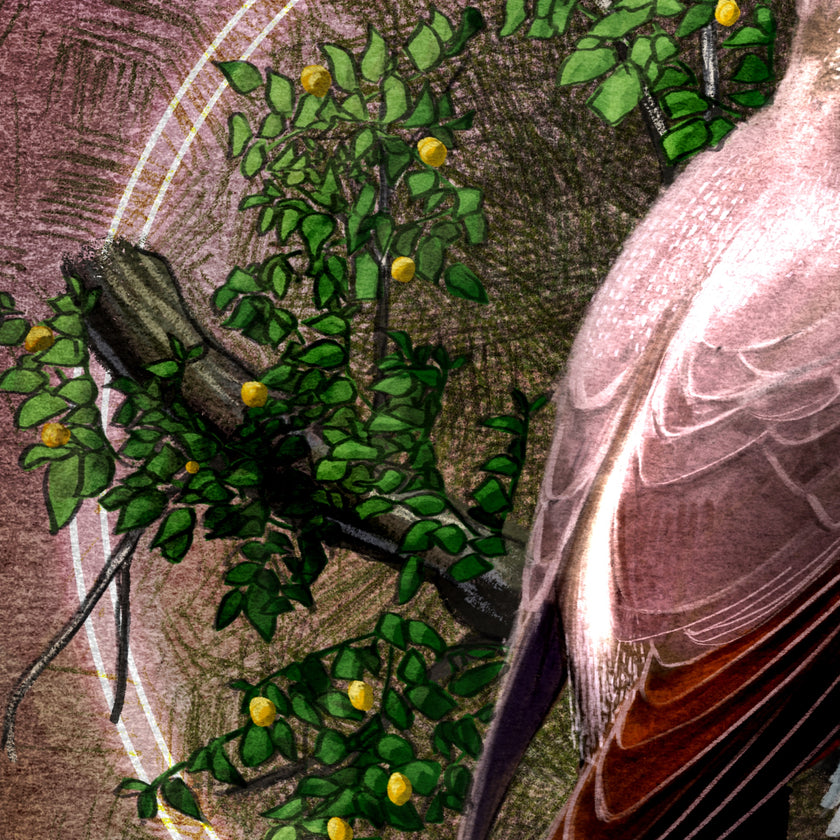 Illustration of a bird with a branch and leaves in the background