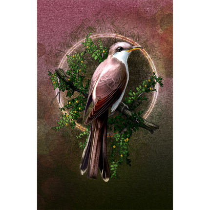 Illustration of a bird perched on a branch with a decorative circular background