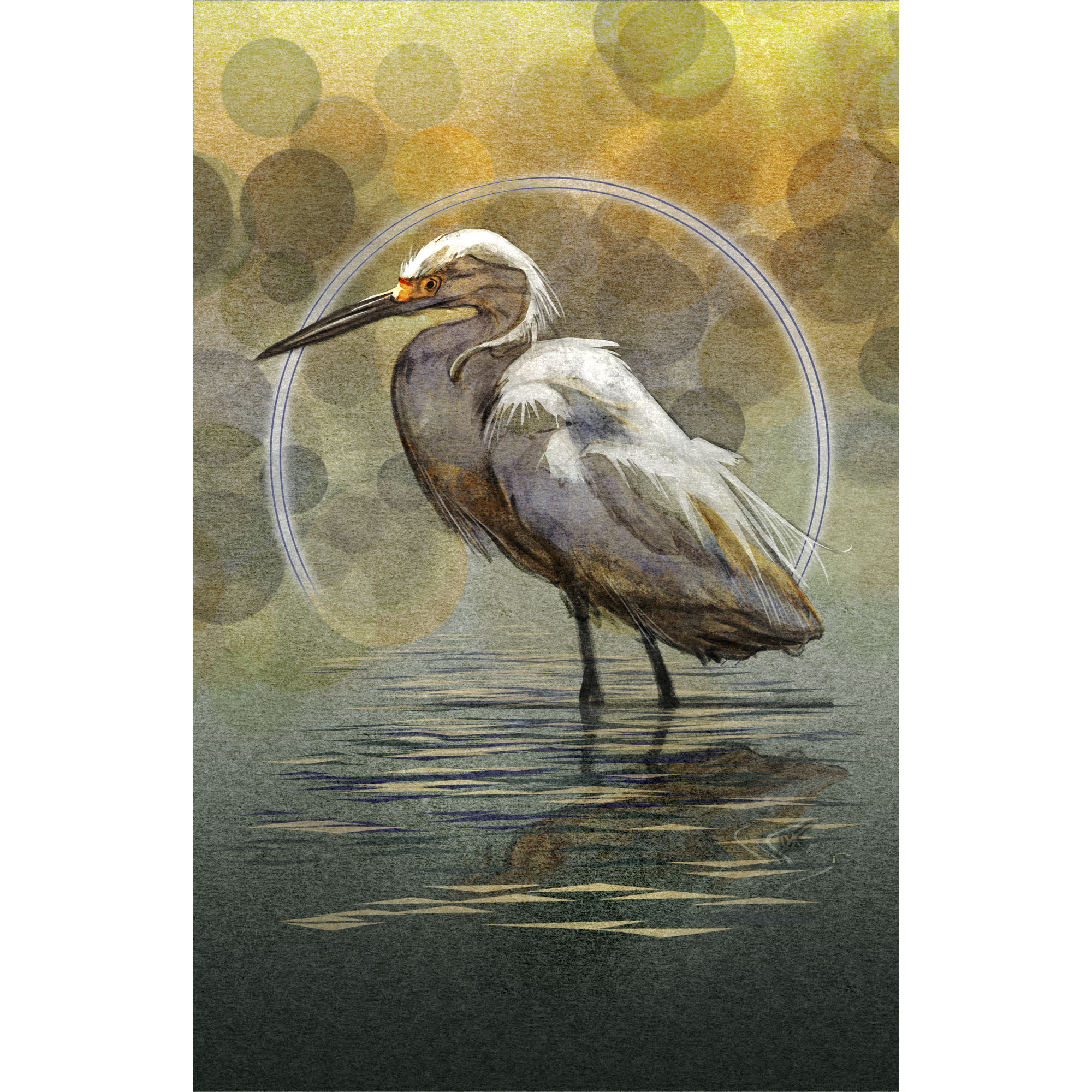 Painting of an egret standing in water with a circular frame and blurred background