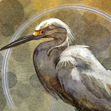 Artistic depiction of an egret with a textured brown background