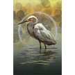 Painting of an egret standing in water with a circular frame and blurred background