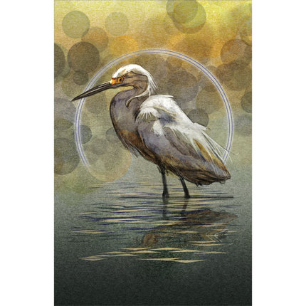 Painting of an egret standing in water with a circular frame and blurred background