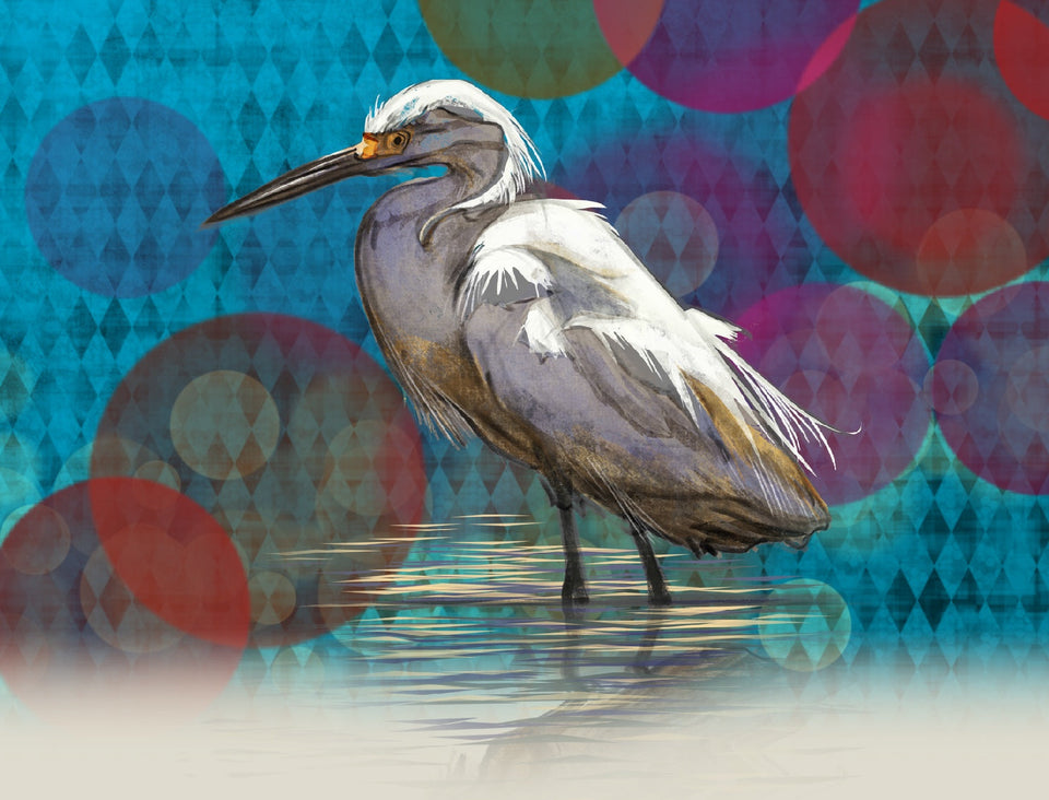 White egret standing in water with a colorful, abstract background