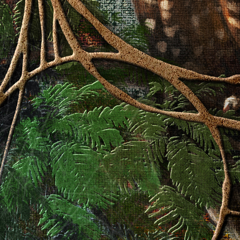 Close-up of a textured fabric with green leaves and brown branches.