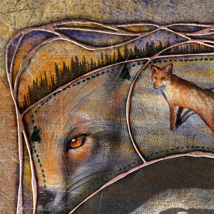 Artistic depiction of a fox's face with a fox in a forest setting