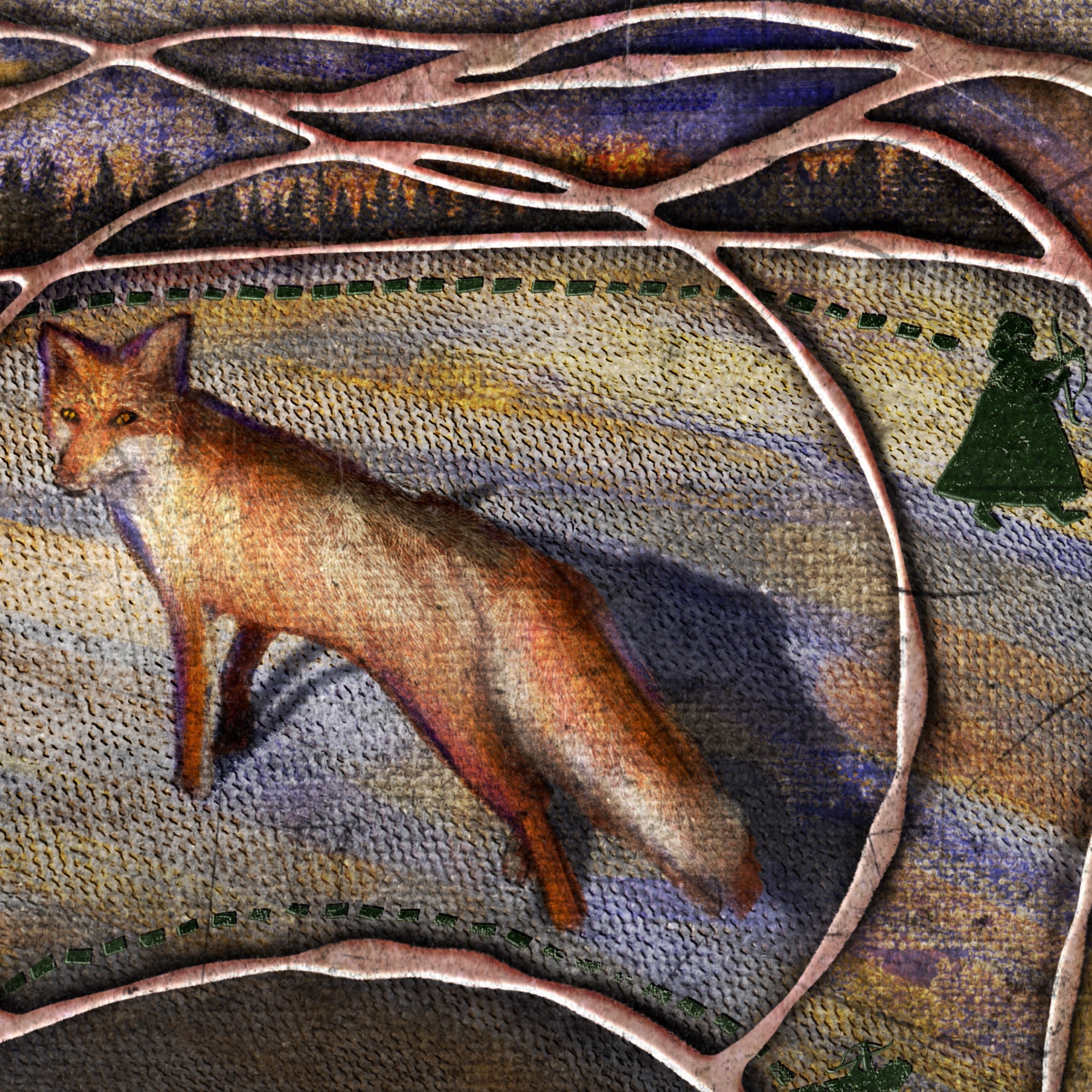 Design of a fox in a natural landscape with trees and mountains.