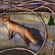 Design of a fox in a natural landscape with trees and mountains.