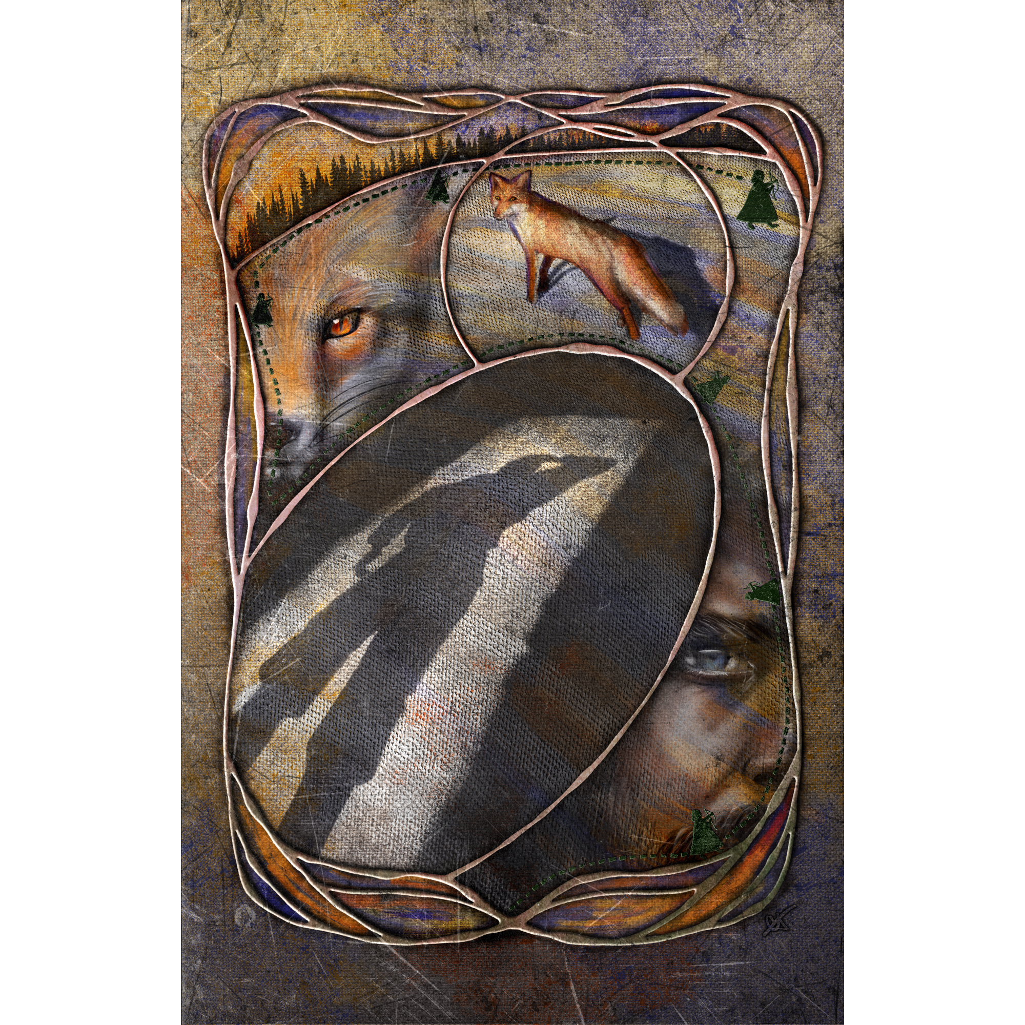 Artistic depiction of a fox with a stylized frame and nature elements.