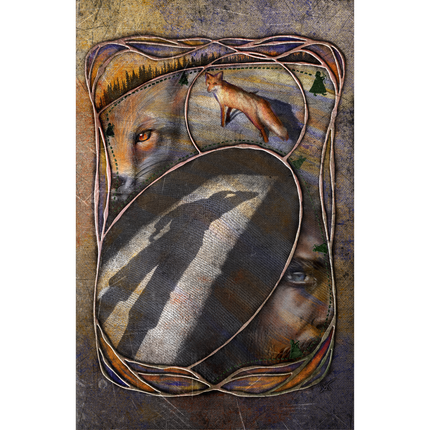 Artistic depiction of a fox with a stylized frame and nature elements.