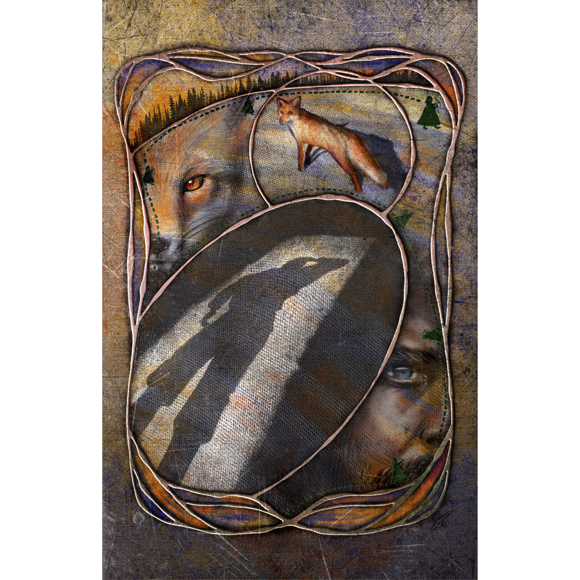 Artistic depiction of a fox with a stylized frame and nature elements.