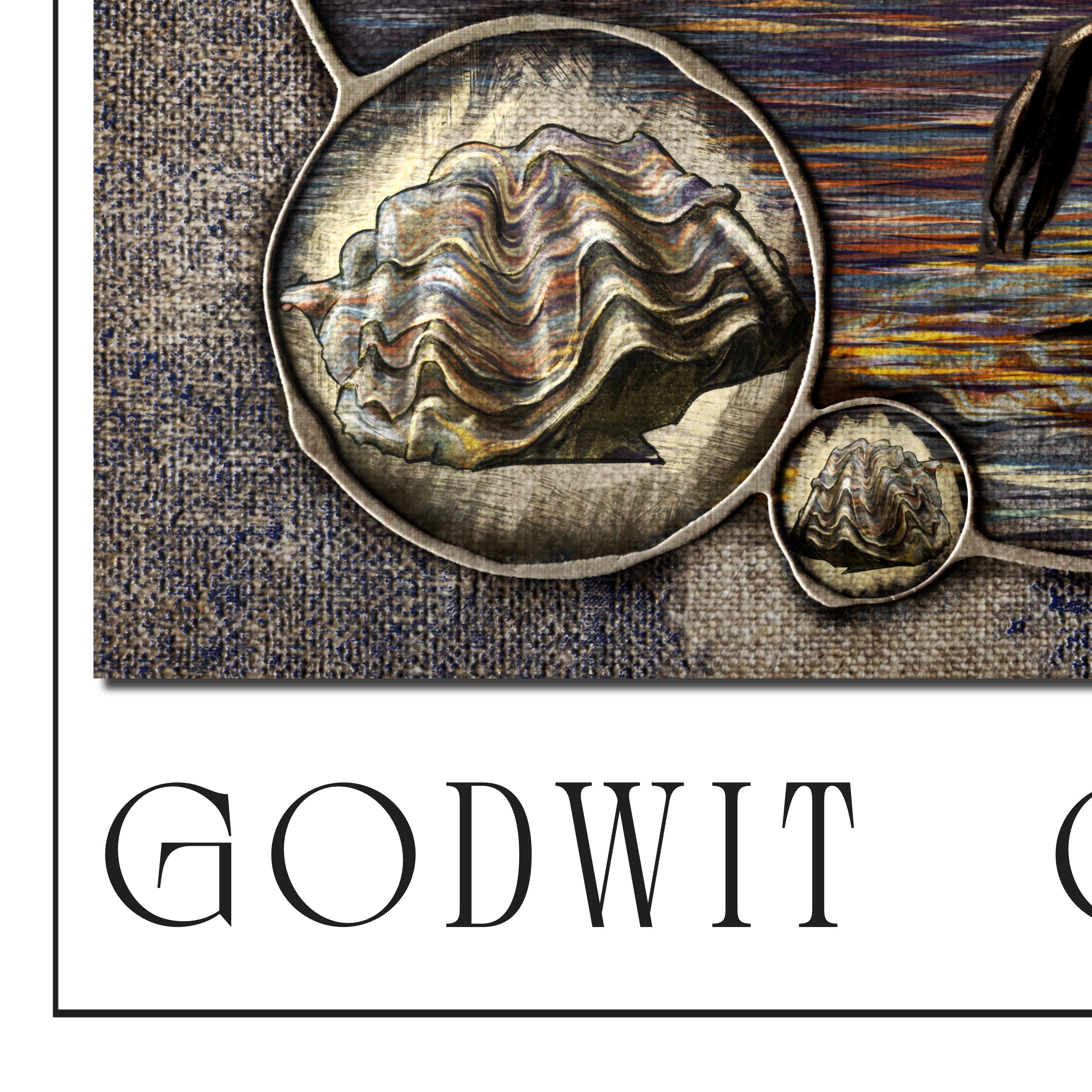 Decorative oyster design on a textured surface with 'GODWIT' text.