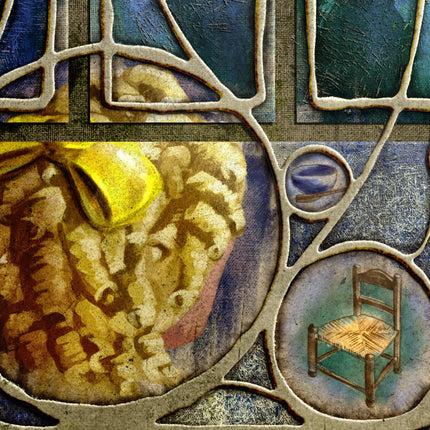 Artistic depiction of a chair within a stylized abstract design.