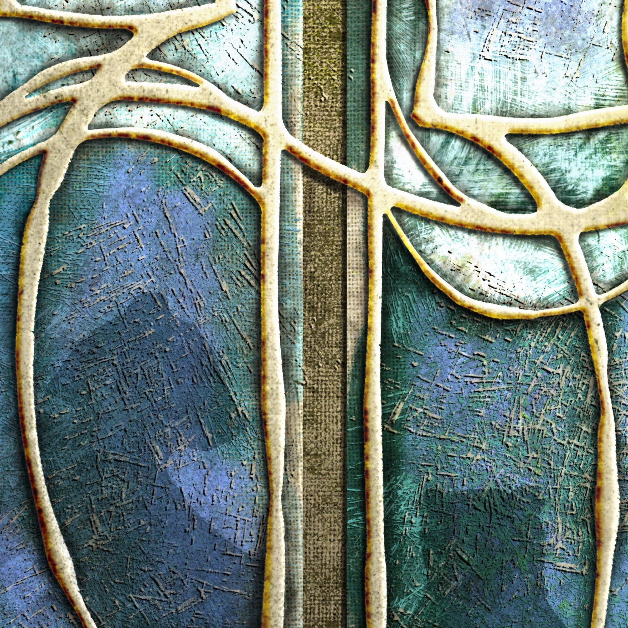 Abstract art piece with interwoven branches on a textured surface
