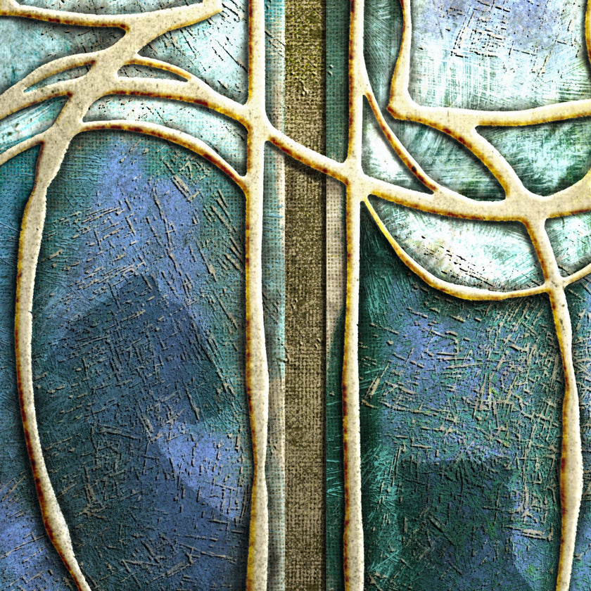 Abstract art piece with interwoven branches on a textured surface