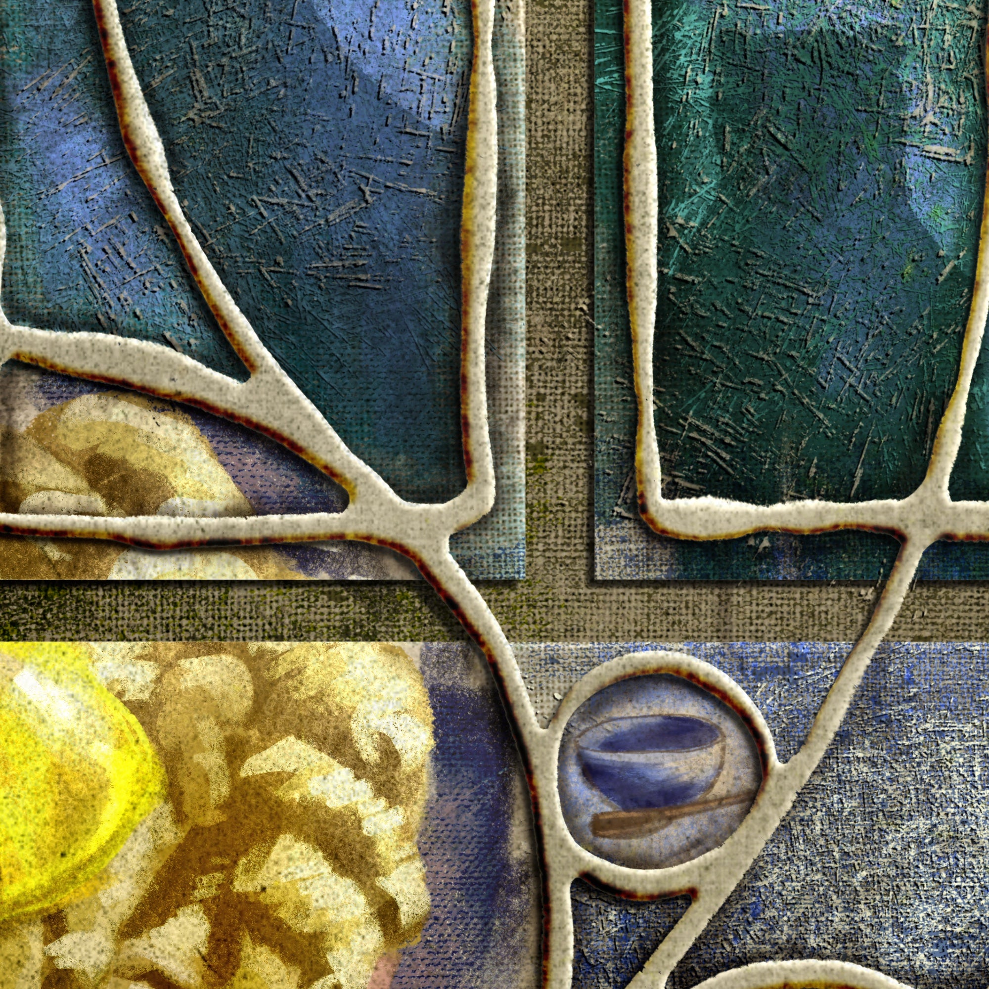 Abstract art with textured surface and geometric shapes