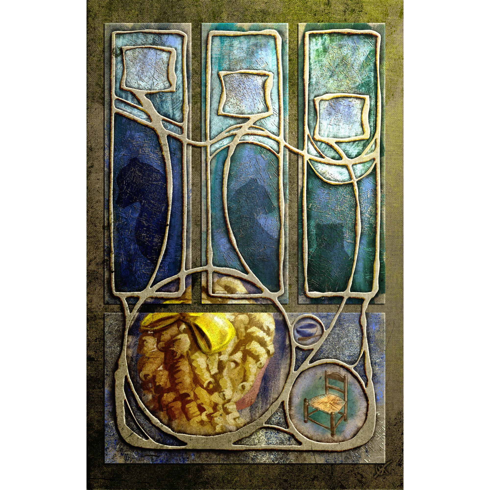 Decorative wall art with abstract design featuring blue, green, and gold colors.