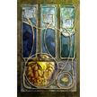 Decorative wall art with abstract design featuring blue, green, and gold colors.