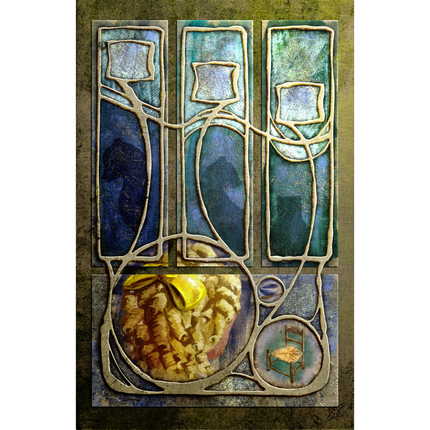 Decorative wall art with abstract design featuring blue, green, and gold colors.