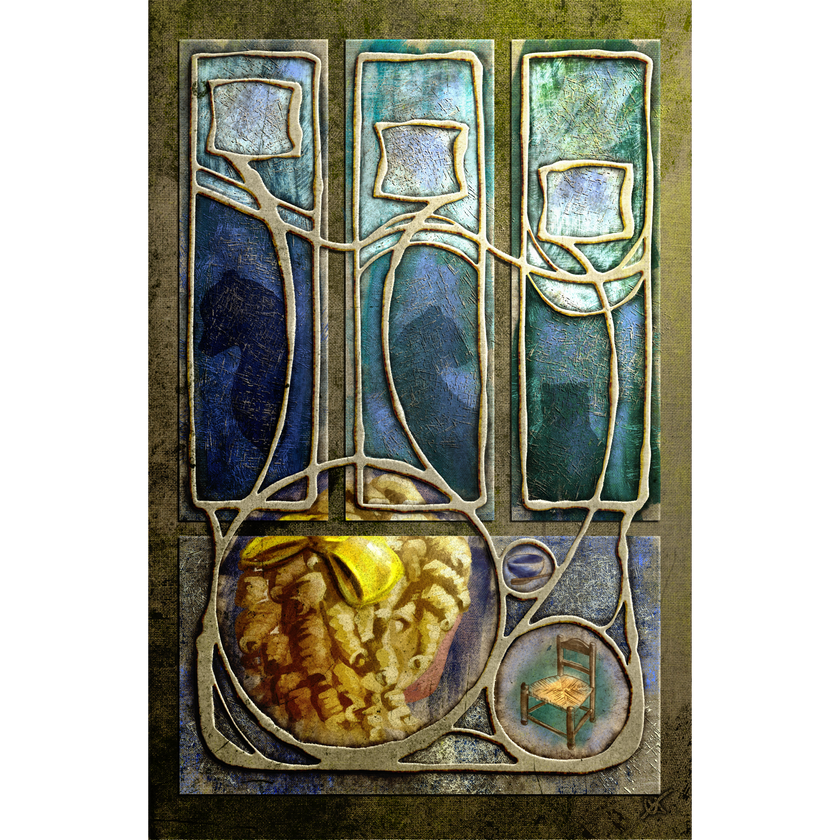 Decorative wall art with abstract design featuring blue, green, and gold colors.