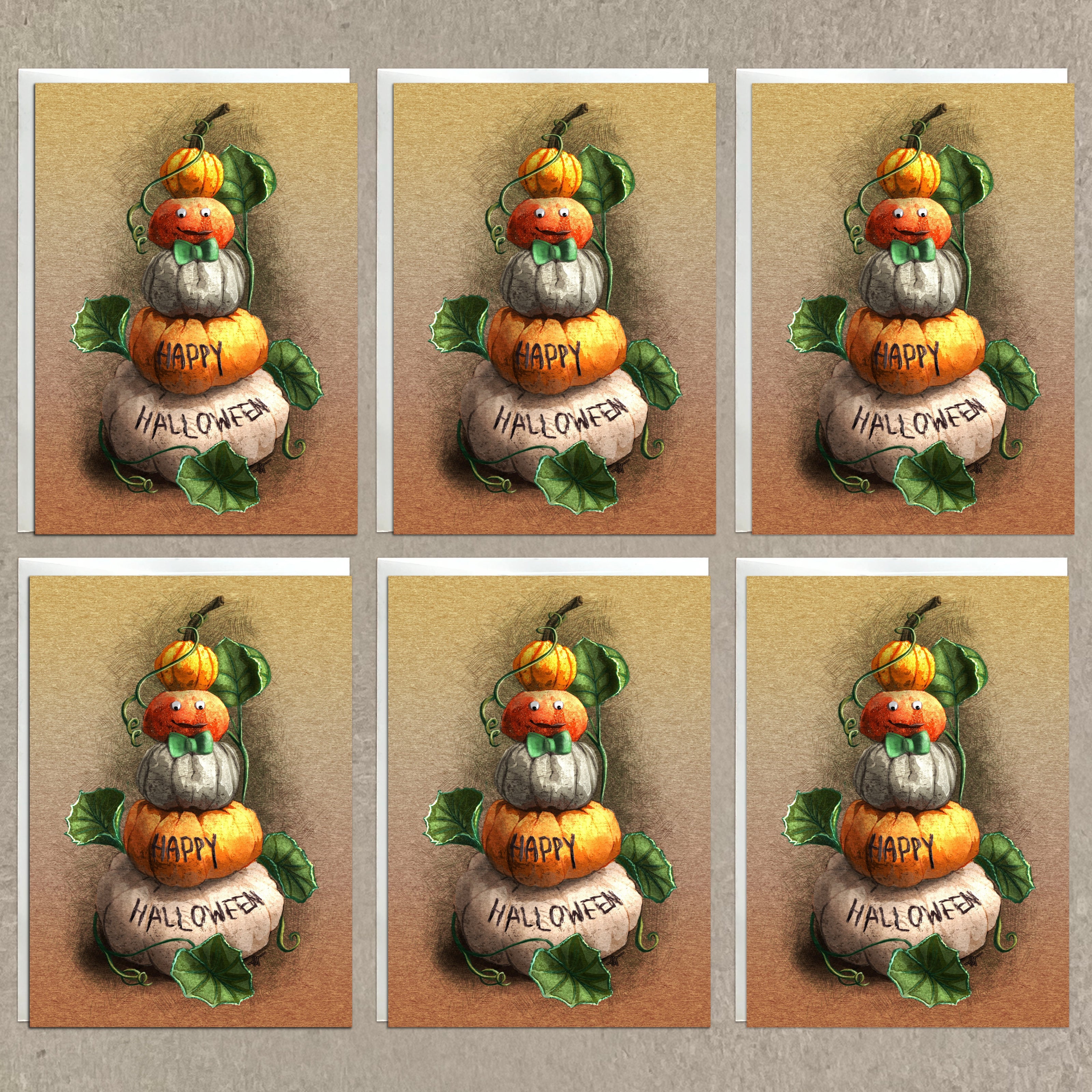 Set of six 'Happy Halloween' pumpkin decorations on a textured brown background