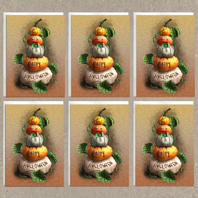 Set of six 'Happy Halloween' pumpkin decorations on a textured brown background