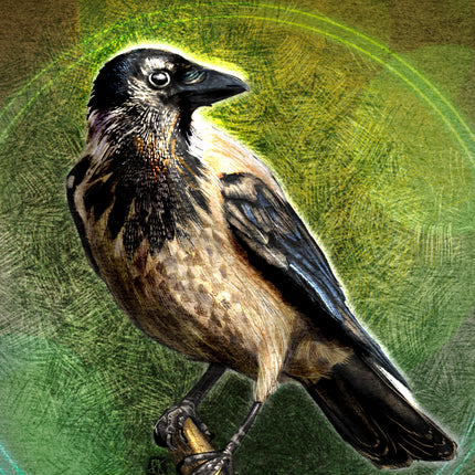 Illustration of a bird perched on a branch with a green background