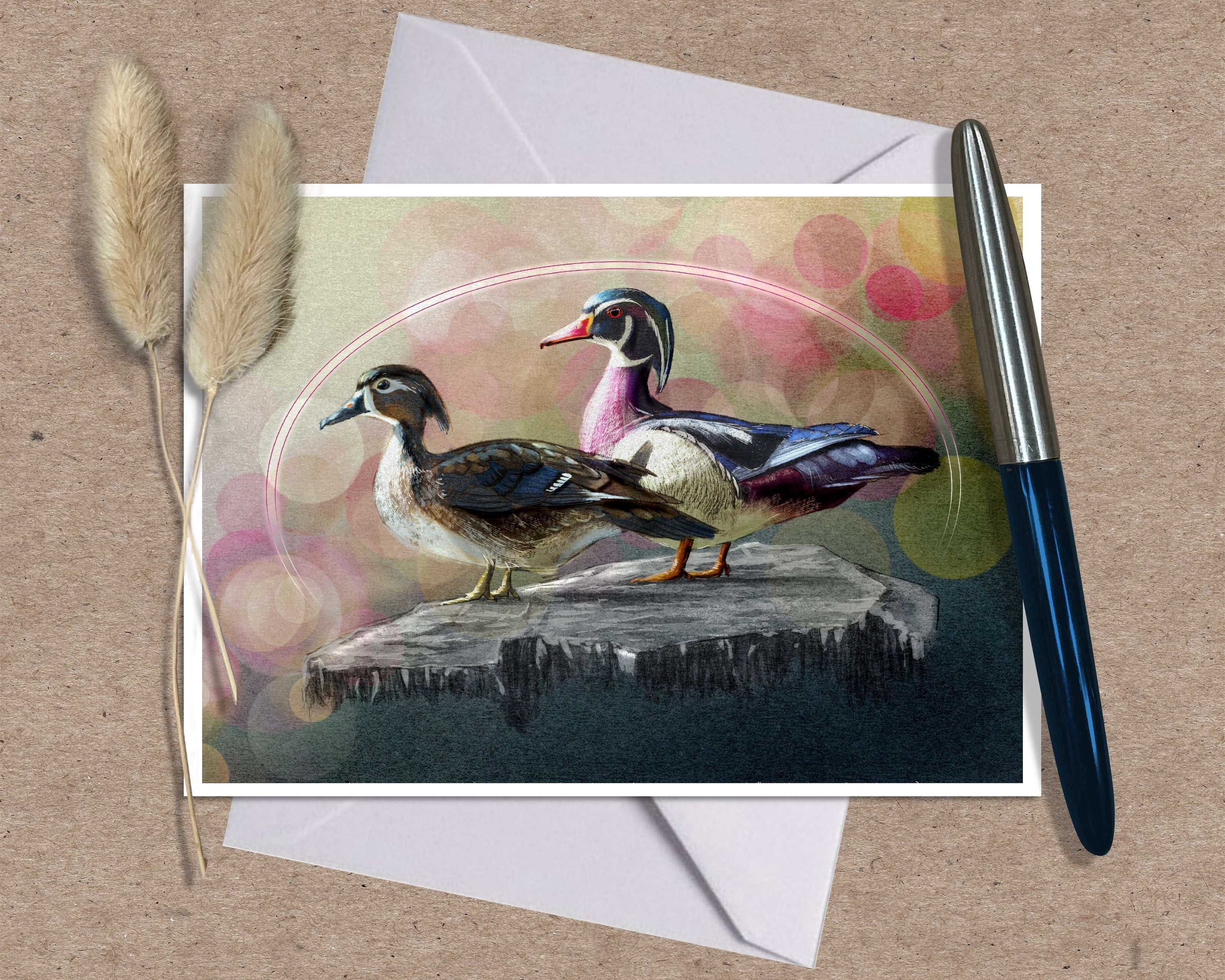 An art print greeting card featuring two wood ducks on a rock against a soft bokeh background, styled on a kraft paper surface with a white envelope, a silver and blue pen, and dried pampas grass.