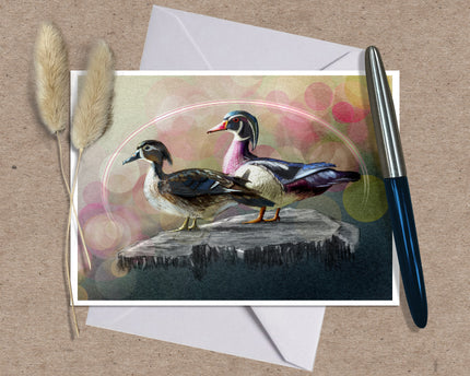 An art print greeting card featuring two wood ducks on a rock against a soft bokeh background, styled on a kraft paper surface with a white envelope, a silver and blue pen, and dried pampas grass.