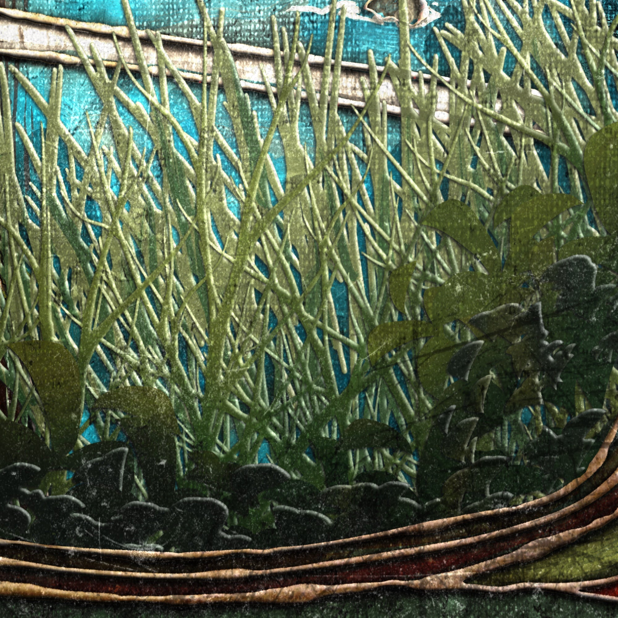 Close-up of illustrated stylized grasses on a blue background.
