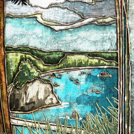Artistic depiction of a landscape with a lake, mountains, and trees.