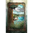 Artistic depiction of a landscape with a stylized frame, featuring a body of water and trees.