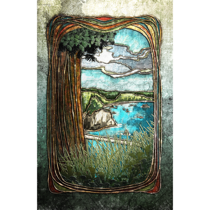 Artistic depiction of a landscape with a stylized frame, featuring a body of water and trees.