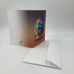 Greeting card with a blue bird illustration on a white background