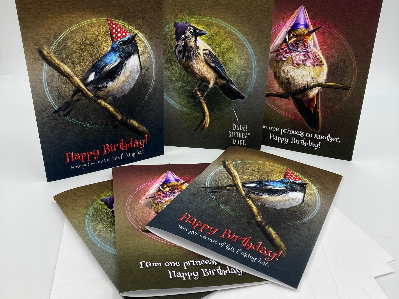 Set of birthday cards with bird illustrations and 'Happy Birthday!' text on a white background.