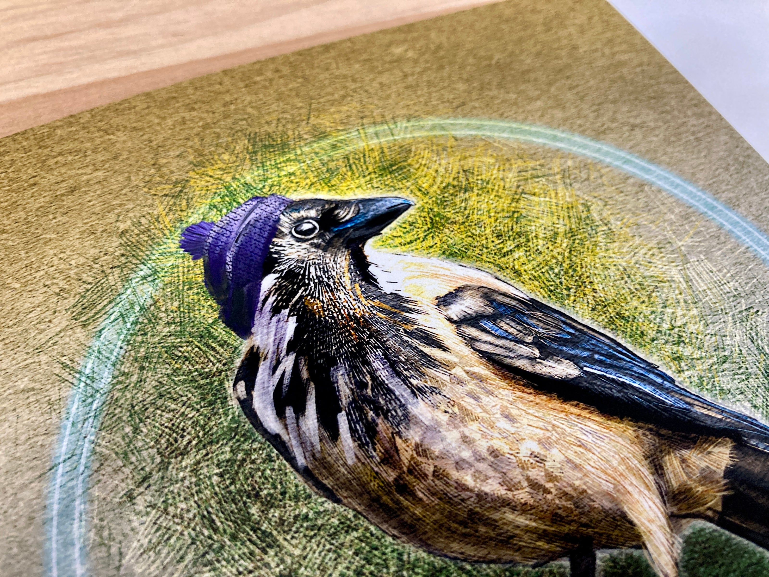 Bird wearing a purple hat on a textured surface