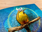 Illustration of a bird with a helmet on a textured blue background