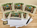 Set of greeting cards with a wooden table and colorful birds design on a wooden surface.