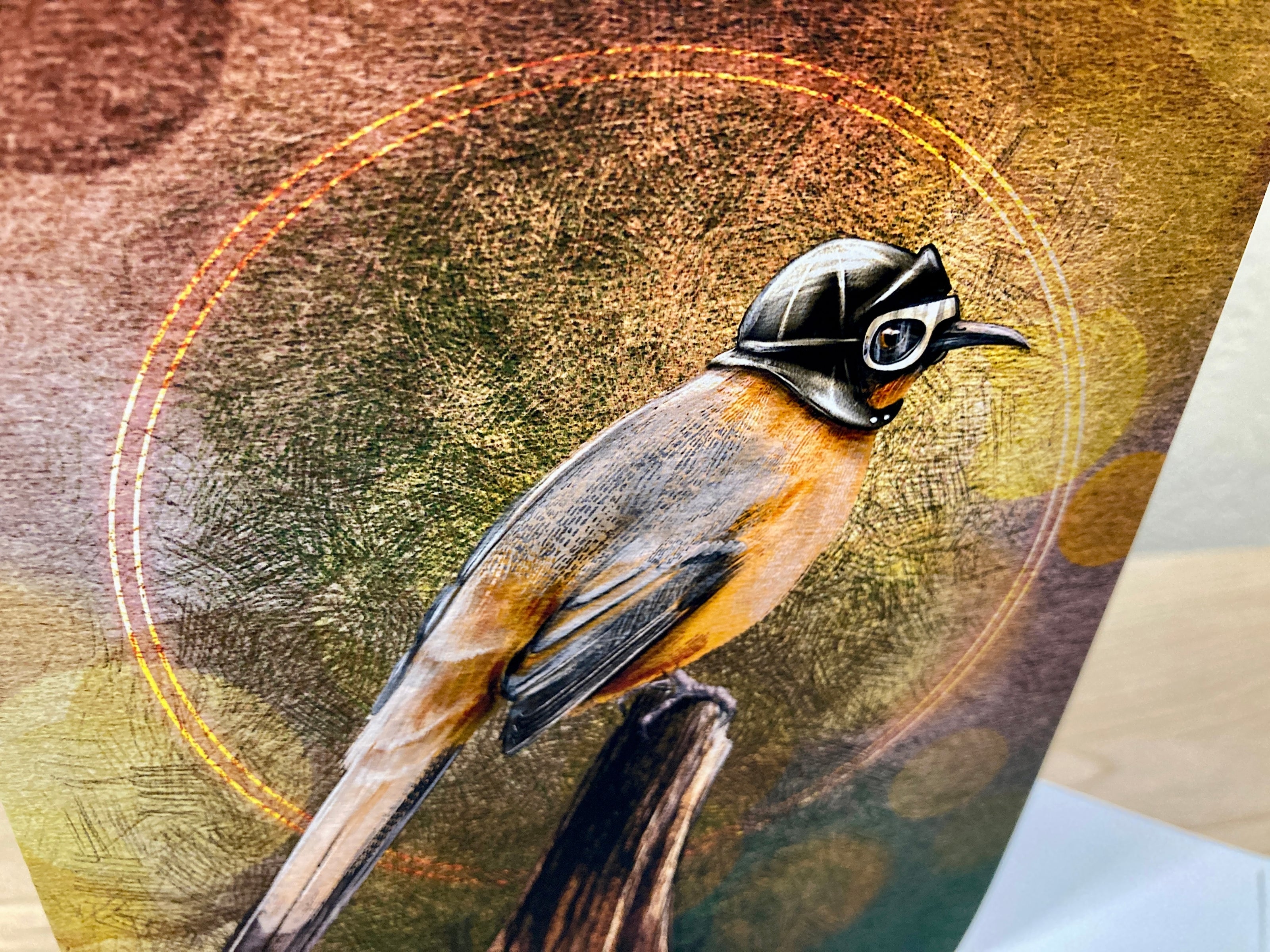 Illustration of a bird with a circular design in the background
