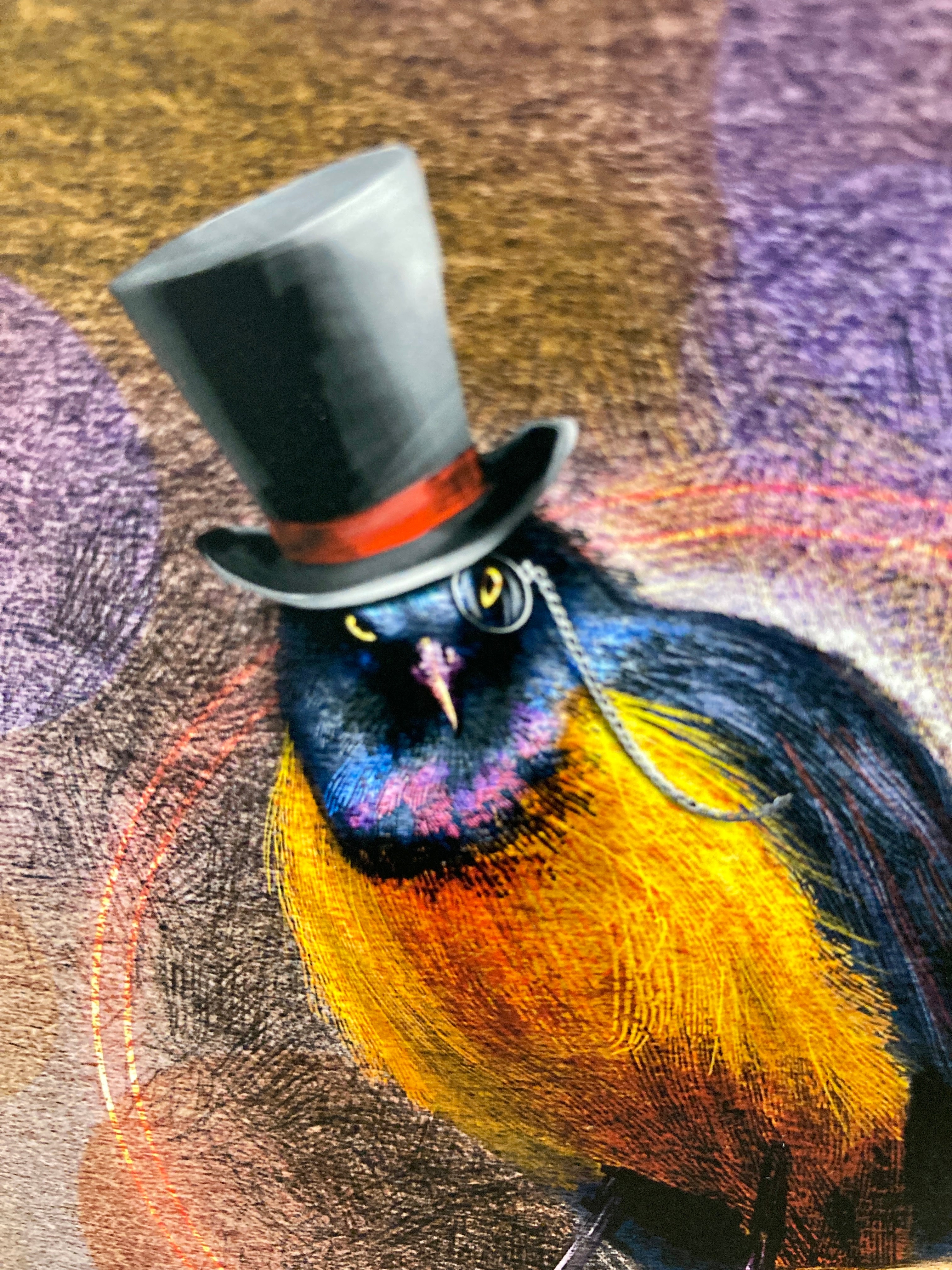 Colorful bird wearing a top hat on a textured background